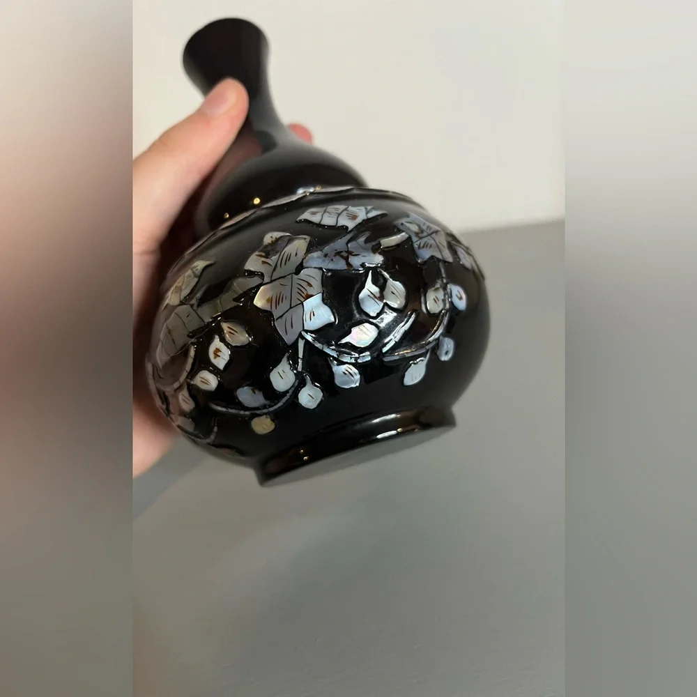 Vintage Orient Express Black Plastic Mother Of Pearl Vase Korea Floral BirdMotif